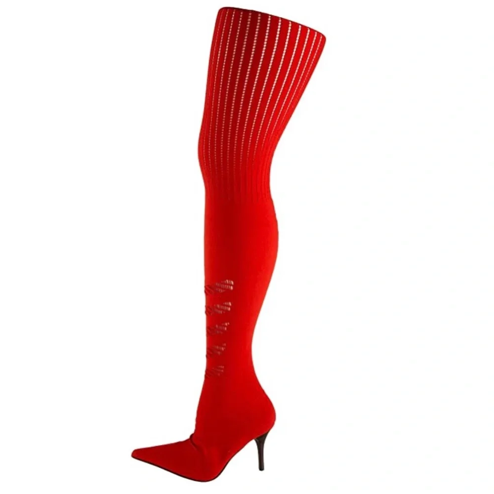 Donald J Pliner Elektra Tomato Red Crepe Elastic Over The Knee Boots RARE - Picture 4 of 10